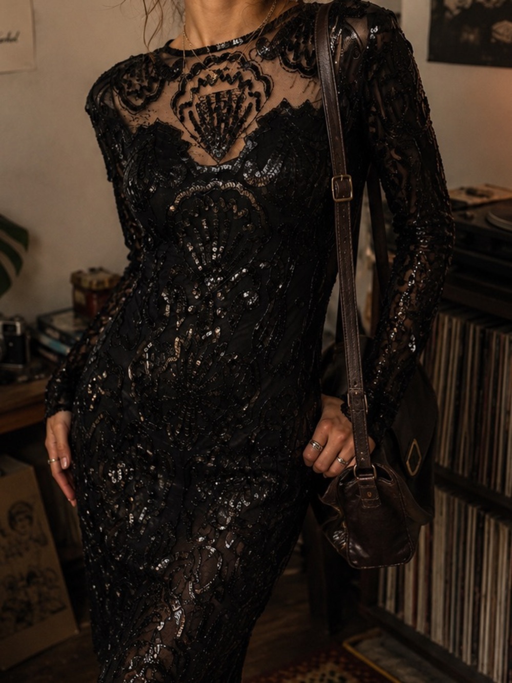Vintage 80s Sweet Lo Black Sequin Lace Dress